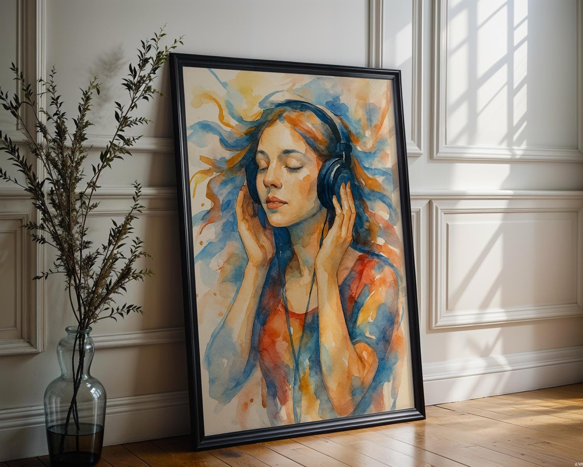 Listening to Music Watercolor Art Print | Dreamy Girl with Headphones in Flowing Color | Peaceful Wall Art for Music & Art Lovers - Just Great Posters