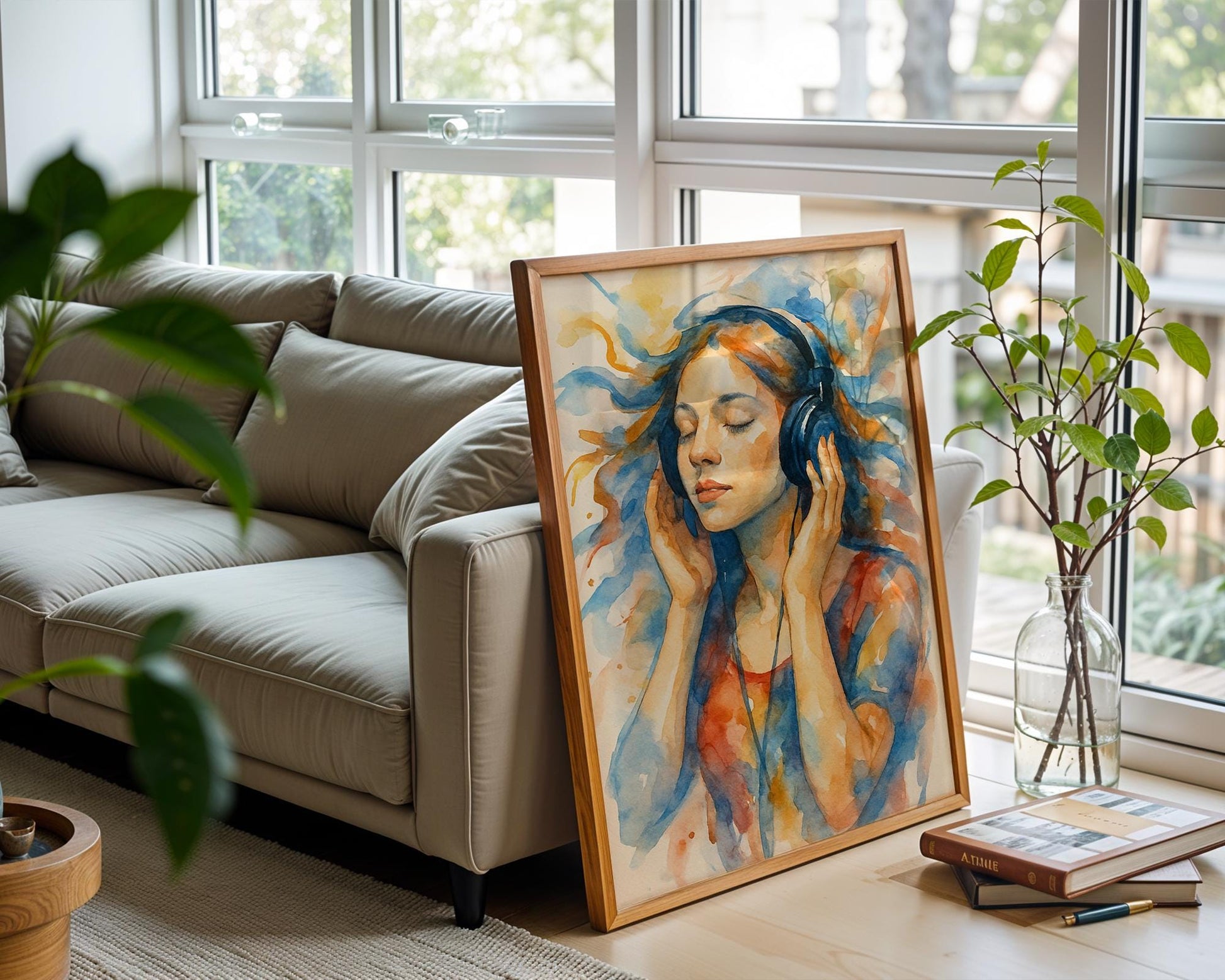 Listening to Music Watercolor Art Print | Dreamy Girl with Headphones in Flowing Color | Peaceful Wall Art for Music & Art Lovers - Just Great Posters