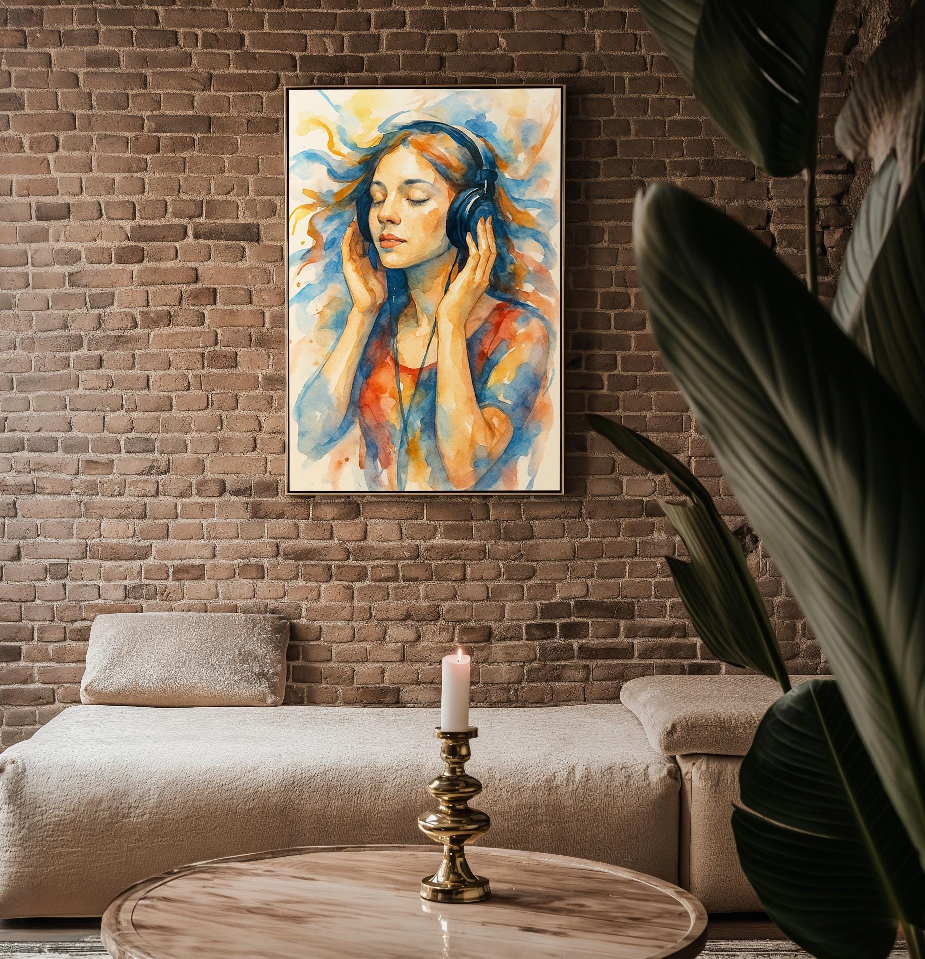 Listening to Music Watercolor Art Print | Dreamy Girl with Headphones in Flowing Color | Peaceful Wall Art for Music & Art Lovers - Just Great Posters