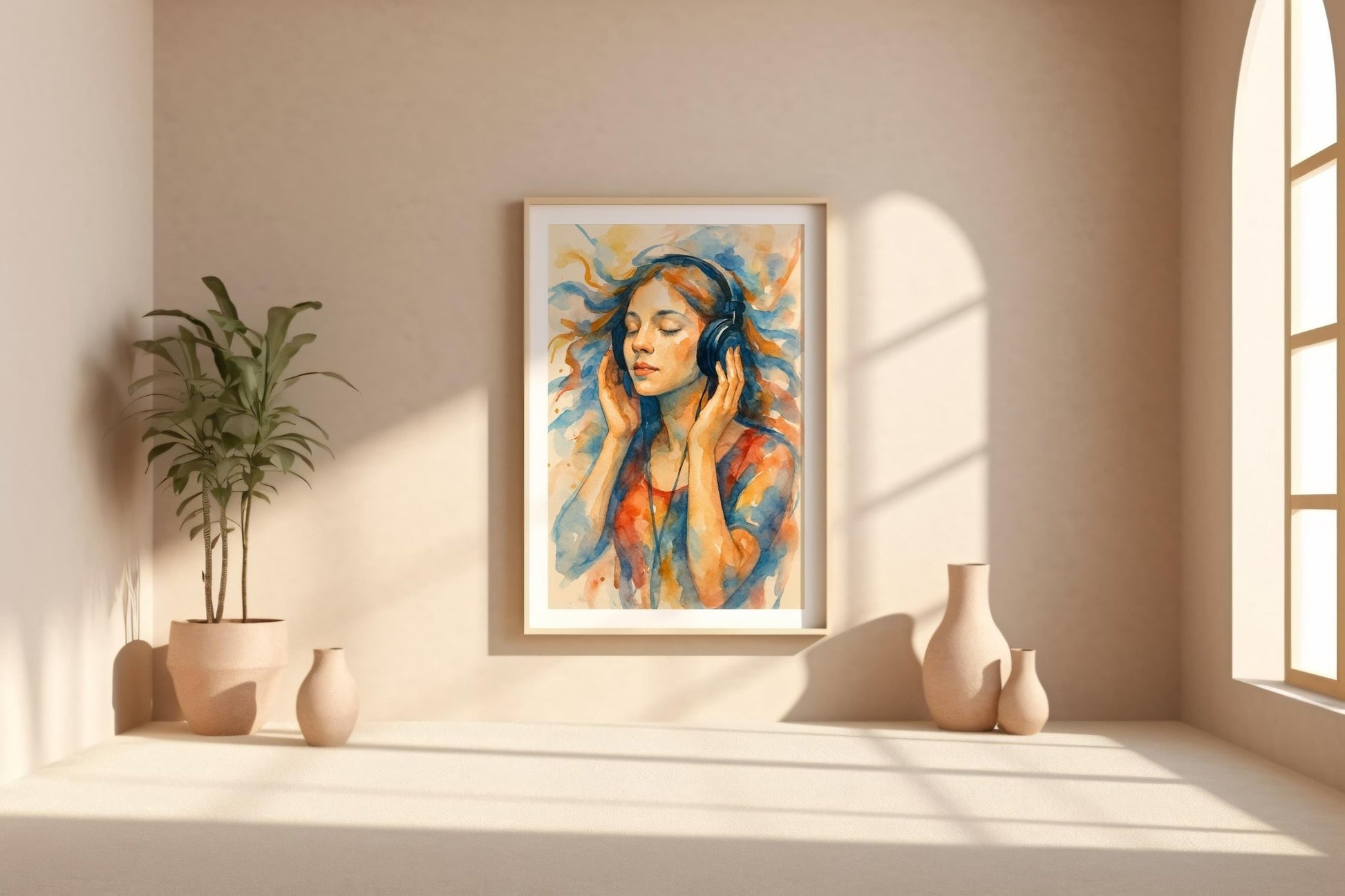Listening to Music Watercolor Art Print | Dreamy Girl with Headphones in Flowing Color | Peaceful Wall Art for Music & Art Lovers - Just Great Posters
