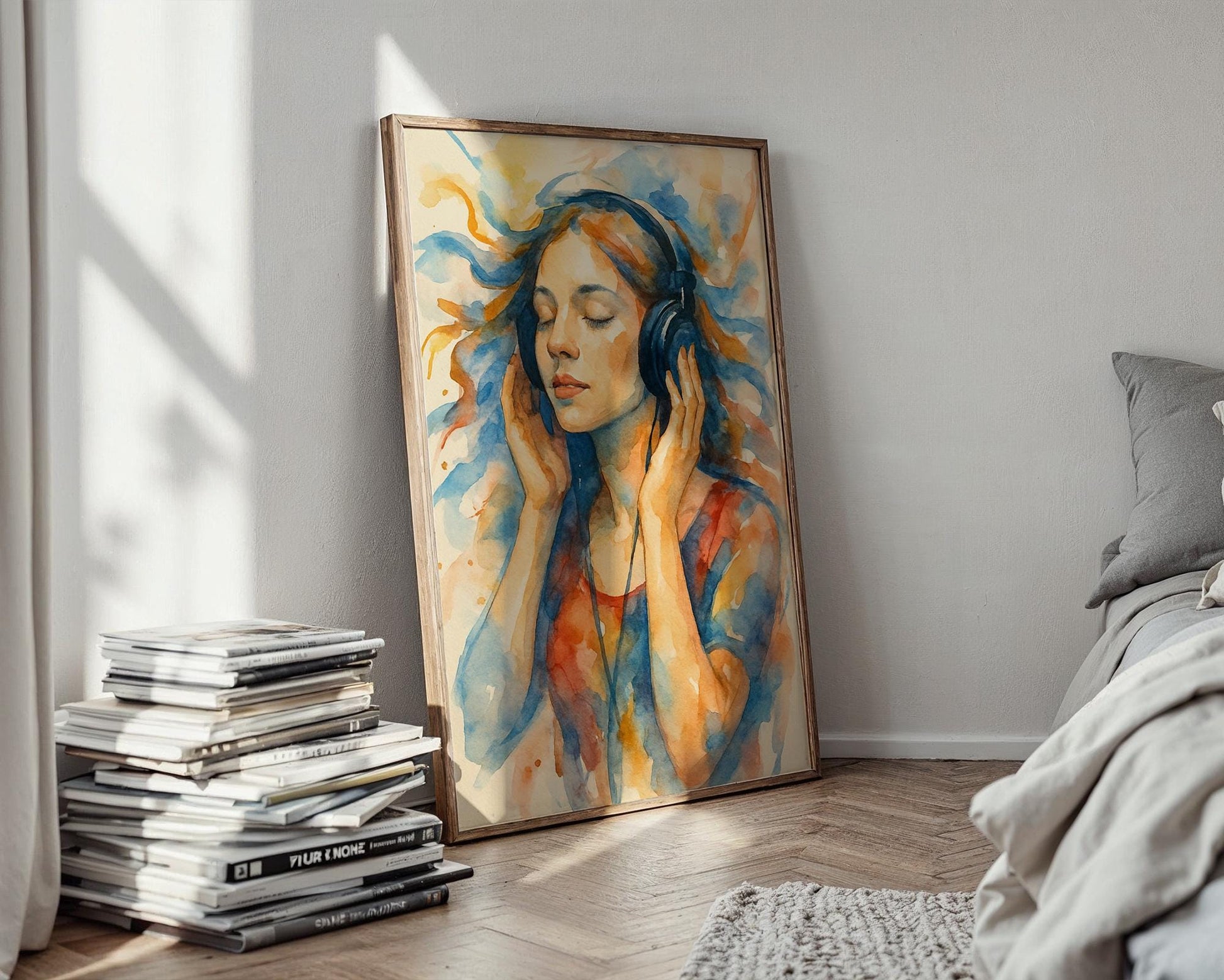 Listening to Music Watercolor Art Print | Dreamy Girl with Headphones in Flowing Color | Peaceful Wall Art for Music & Art Lovers - Just Great Posters