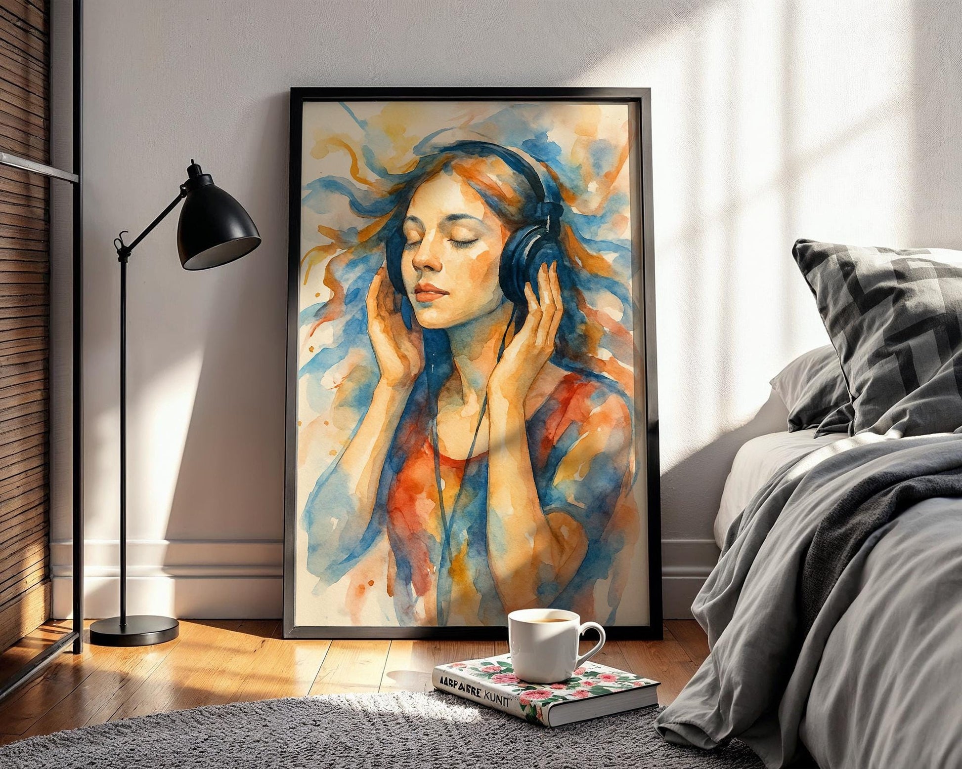 Listening to Music Watercolor Art Print | Dreamy Girl with Headphones in Flowing Color | Peaceful Wall Art for Music & Art Lovers - Just Great Posters