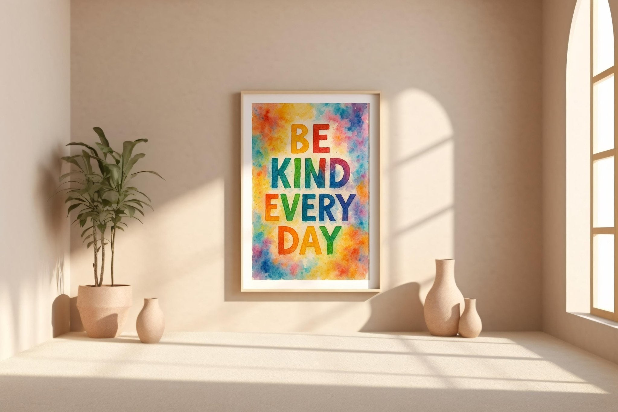 Be Kind Every Day Wall Art | Rainbow Watercolor Typography Print | Uplifting Positive Quote Poster for Office, Nursery, or Daily Reminder - Just Great Posters