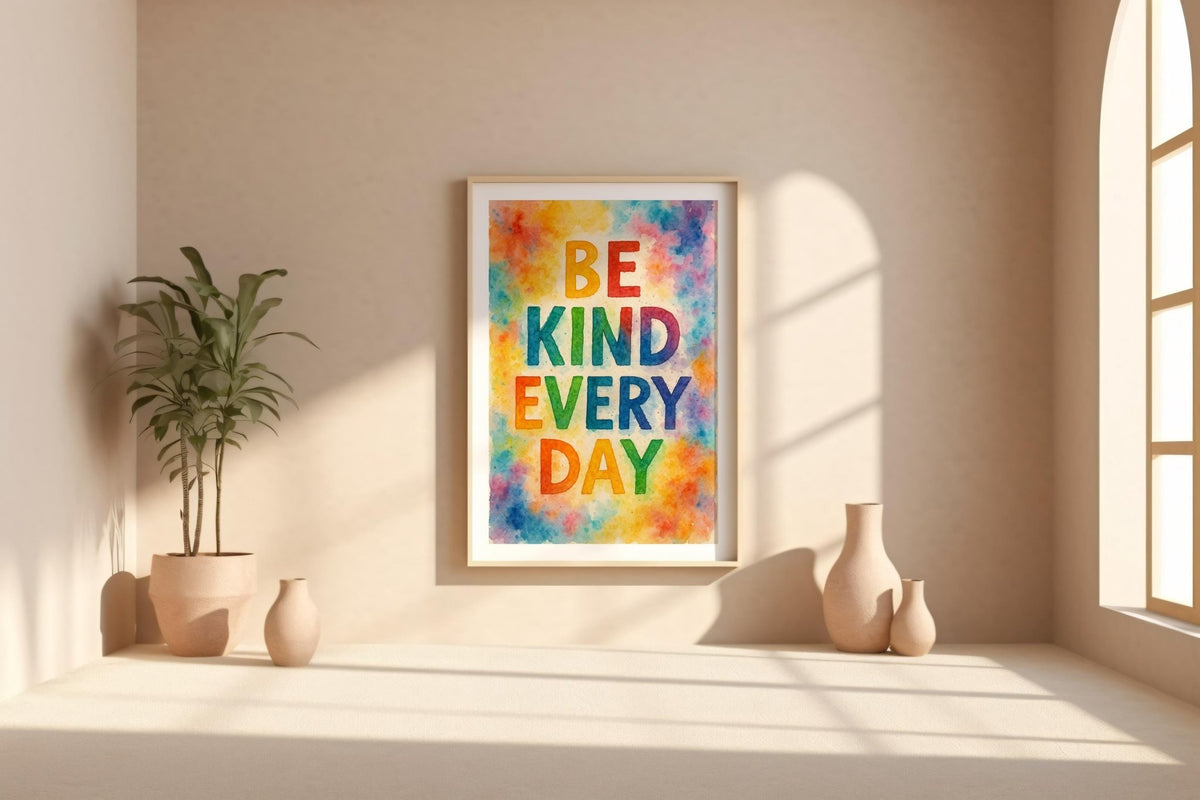 Be Kind Every Day Wall Art | Rainbow Watercolor Typography Print | Uplifting Positive Quote Poster for Office, Nursery, or Daily Reminder - Just Great Posters