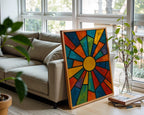 Abstract Sunburst Art Print | Bold Geometric Wall Art in Stained Glass Style | Retro Modern Colorful Poster for Living Room or Studio - Just Great Posters