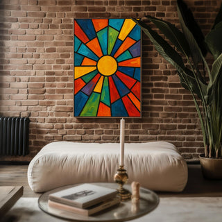 Abstract Sunburst Art Print | Bold Geometric Wall Art in Stained Glass Style | Retro Modern Colorful Poster for Living Room or Studio - Just Great Posters