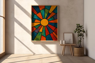 Abstract Sunburst Art Print | Bold Geometric Wall Art in Stained Glass Style | Retro Modern Colorful Poster for Living Room or Studio - Just Great Posters
