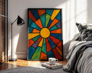 Abstract Sunburst Art Print | Bold Geometric Wall Art in Stained Glass Style | Retro Modern Colorful Poster for Living Room or Studio - Just Great Posters