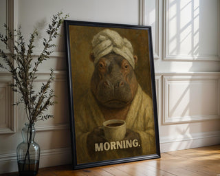 Funny Hippo Morning Coffee Art Print | Moody Animal Portrait in Robe & Towel | Quirky Wall Art for Kitchens, Offices, Coffee Corners - Just Great Posters