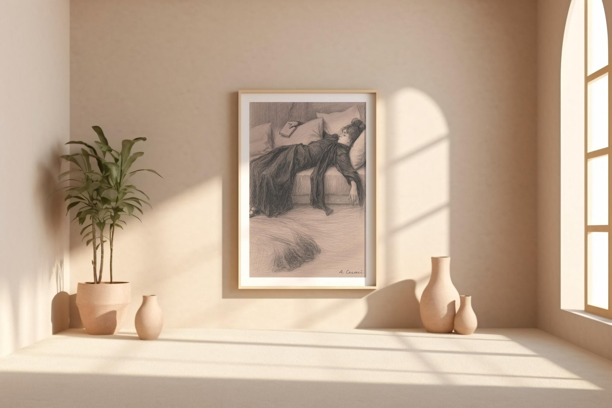 Vintage Reclining Woman Sketch | Soft Pencil Drawing of Resting Reader | Feminine Literary Wall Art for Bedrooms or Quiet Corners - Just Great Posters