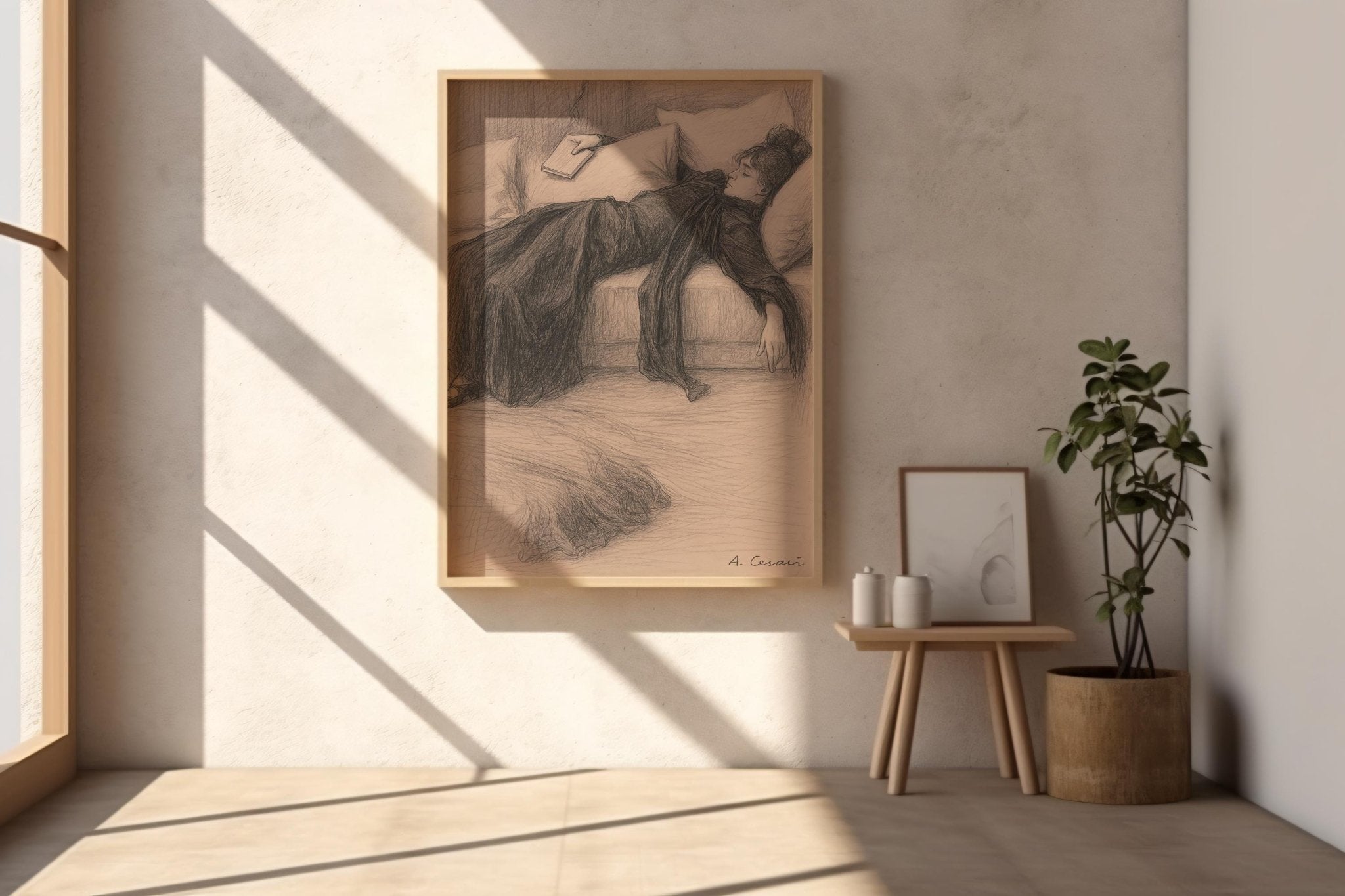 Vintage Reclining Woman Sketch | Soft Pencil Drawing of Resting Reader | Feminine Literary Wall Art for Bedrooms or Quiet Corners - Just Great Posters
