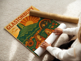 Glastonbury Festival Poster – Retro Folk Style Wall Art, Vintage Music Print with Sunburst Design, Boho Hippie Decor for Music Lovers - Just Great Posters