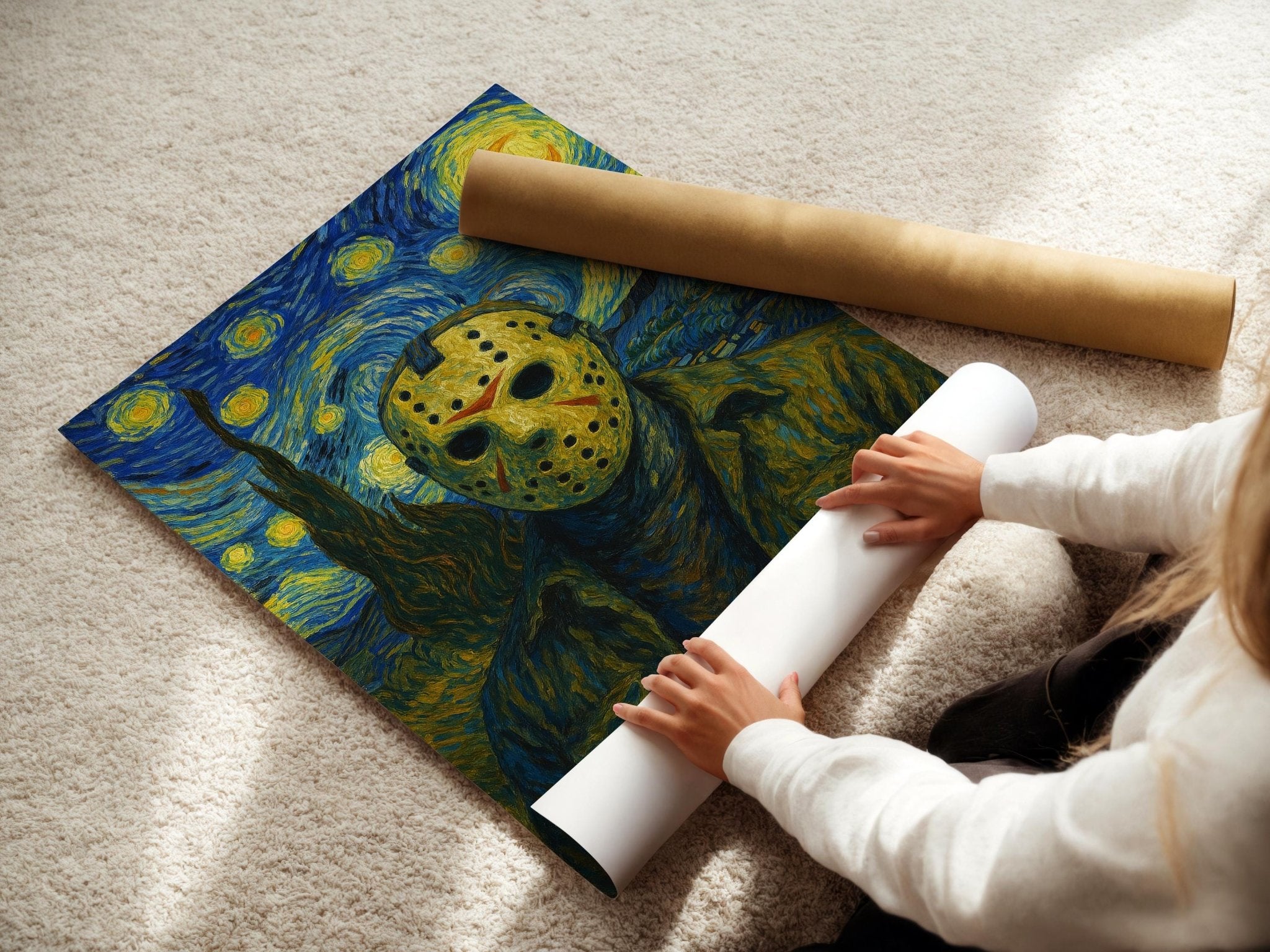 Scary Starry Night Poster – Horror Movie Mashup Wall Art, Scary Funny Van Gogh Style Print for Halloween or Film Buff Decor - Just Great Posters