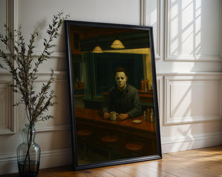 Horror Diner Poster – Horror Movie Mashup Wall Art, Edward Hopper Style Halloween Print for Fans of Slasher Films and Fine Art - Just Great Posters