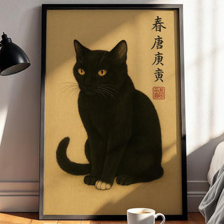 Japanese Black Cat Poster – Minimalist Ink Style Animal Wall Art, Mystical Zen Feline Print for Witchy, Wabi - Sabi, or Spiritual Home Decor - Just Great Posters