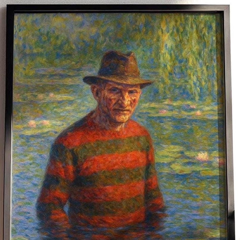 Freddy Monet Poster – Funny Horror Art Mashup, Impressionist Water Lilies Parody Print for Halloween, Goth or Cult Film Decor - Just Great Posters