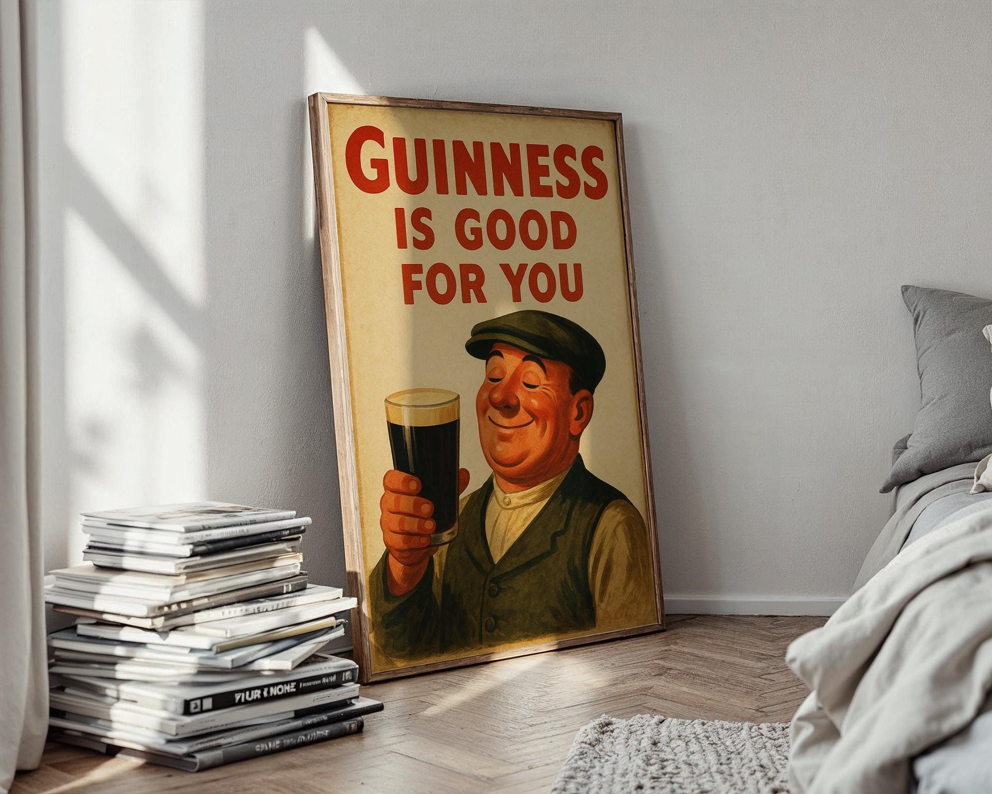 Vintage Guinness Poster – Retro Irish Pub Wall Art Featuring Happy Man with Pint, Classic Beer Ad Print for Kitchen or Bar Decor - Just Great Posters