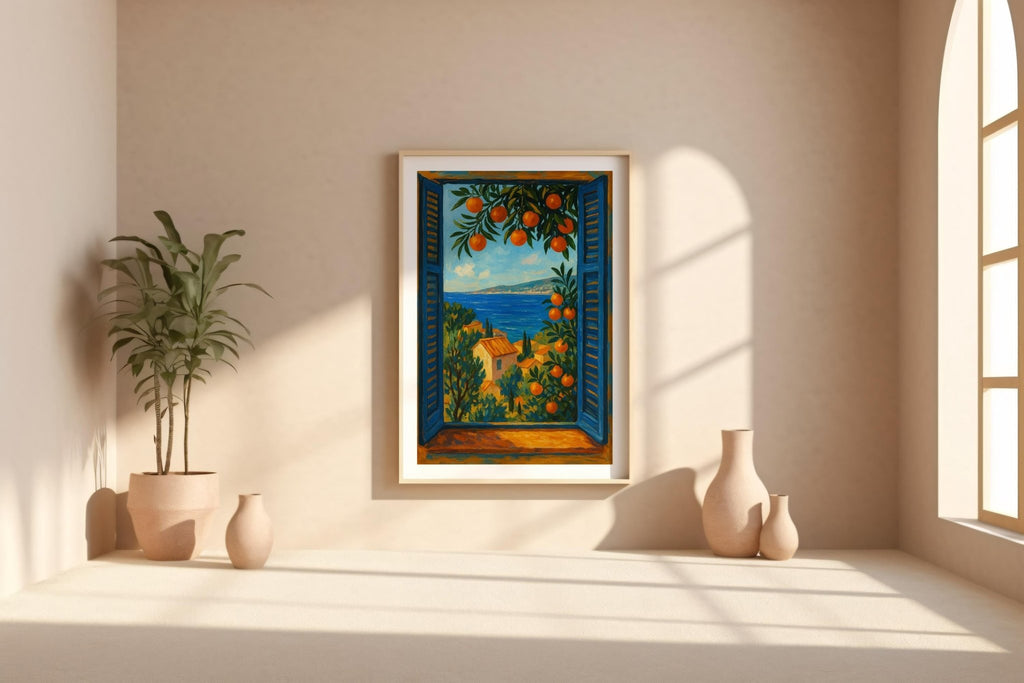 Mediterranean Window Art – Coastal Landscape Poster with Sea View, Orange Trees & Villas, Serene European Travel Wall Print - Just Great Posters