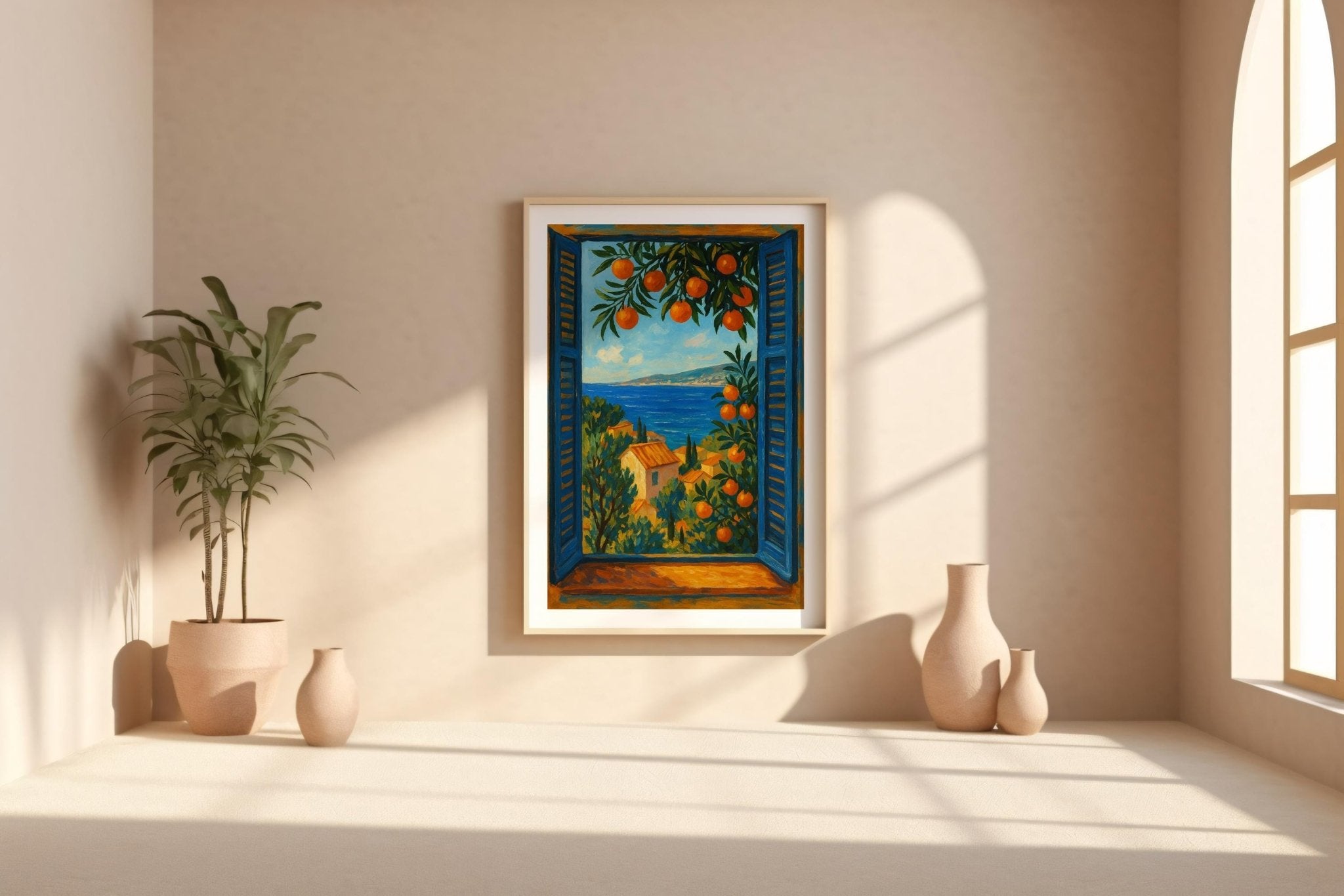 Mediterranean Window Art – Coastal Landscape Poster with Sea View, Orange Trees & Villas, Serene European Travel Wall Print - Just Great Posters