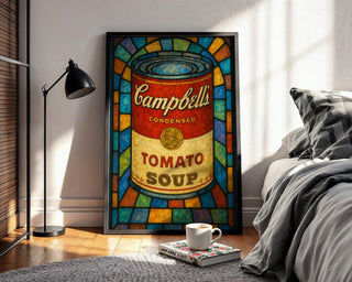 Pop Art Soup Can Poster – Warhol - Inspired Campbell’s Tomato Soup Print in Stained Glass Style, Bold Retro Kitchen Wall Art - Just Great Posters