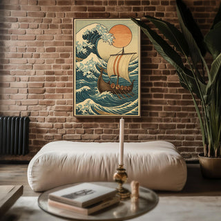 Viking Ship Ocean Poster – Epic Norse Mythology Wall Art with Hokusai Wave & Red Sun, Bold Scandinavian - Inspired History Print - Just Great Posters