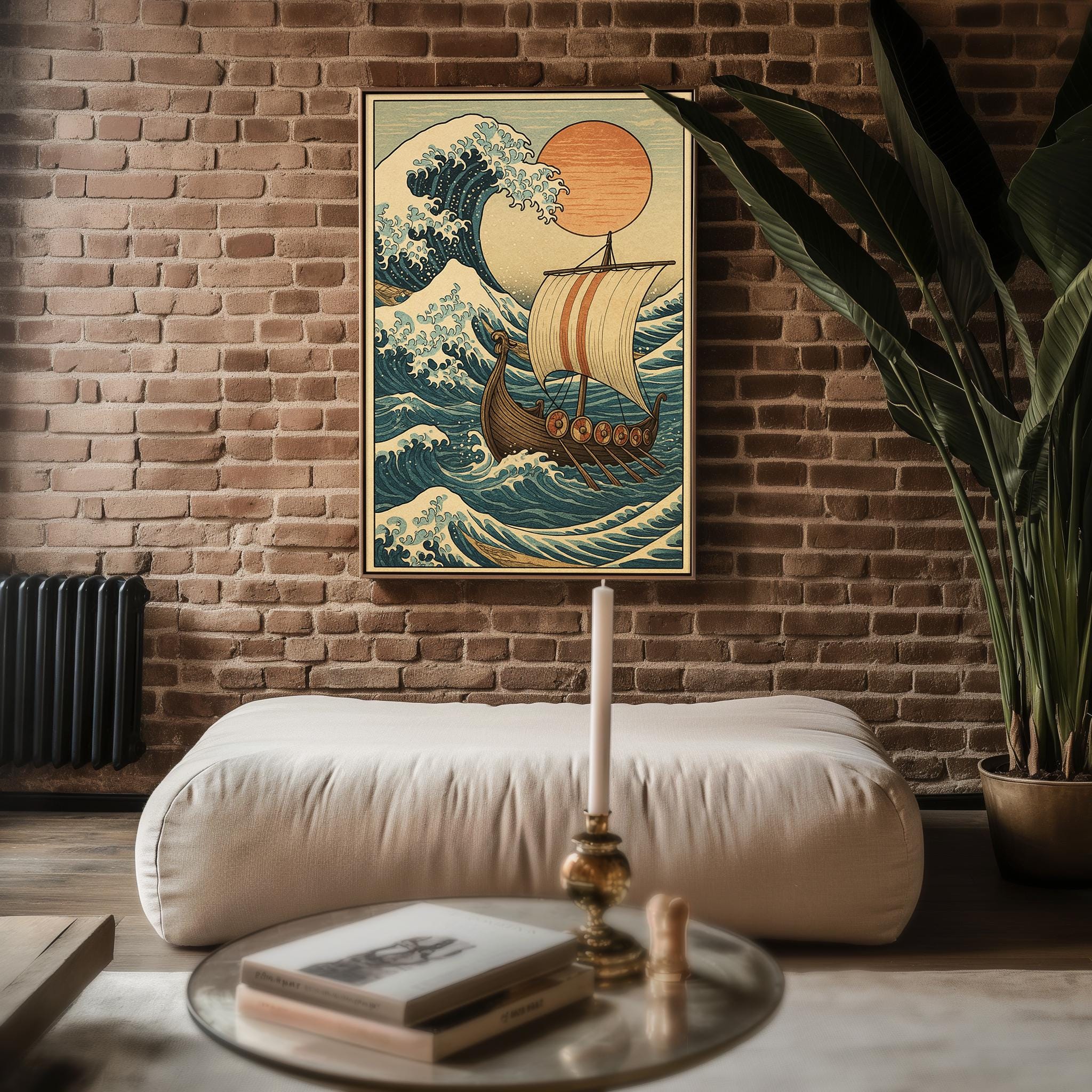 Viking Ship Ocean Poster – Epic Norse Mythology Wall Art with Hokusai Wave & Red Sun, Bold Scandinavian - Inspired History Print - Just Great Posters