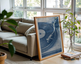 Turntable Record Player Poster – Vintage Vinyl Wall Art, Blue Ink Drawing Style Music Print for DJs, Audiophiles, and Retro Home Decor - Just Great Posters