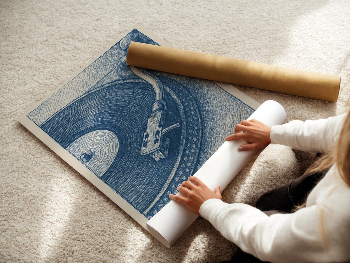 Turntable Record Player Poster – Vintage Vinyl Wall Art, Blue Ink Drawing Style Music Print for DJs, Audiophiles, and Retro Home Decor - Just Great Posters