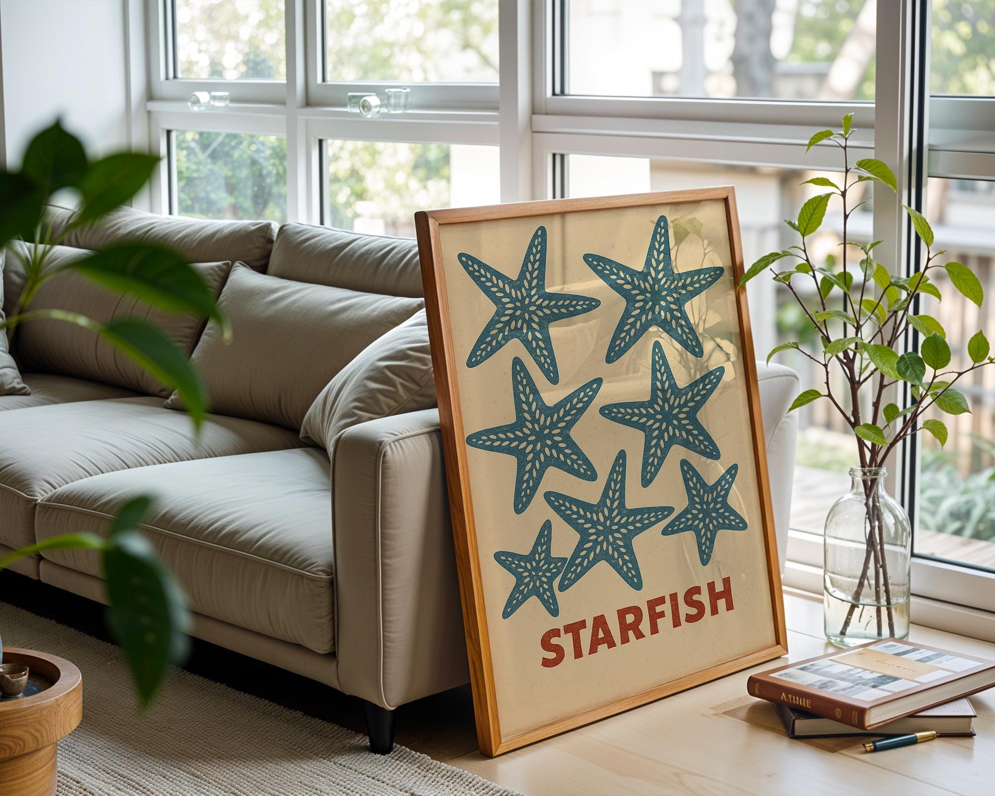 Starfish Coastal Wall Art – Vintage Beach Style Ocean Poster, Minimal Marine Life Print for Bathroom, Cottagecore, or Nautical Decor - Just Great Posters