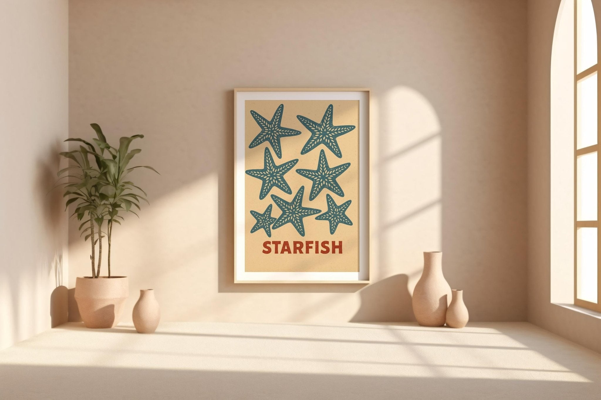 Starfish Coastal Wall Art – Vintage Beach Style Ocean Poster, Minimal Marine Life Print for Bathroom, Cottagecore, or Nautical Decor - Just Great Posters