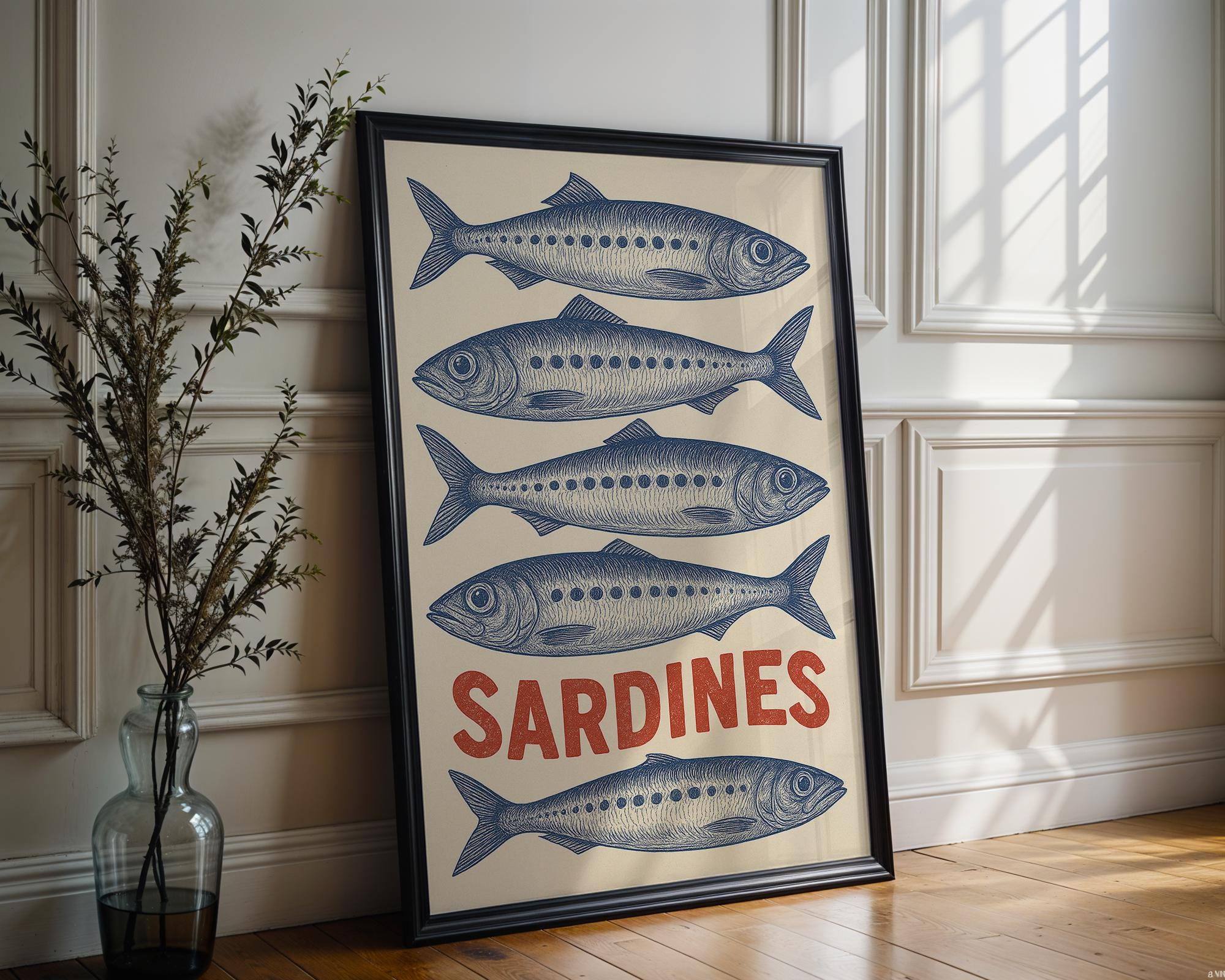 Sardines Vintage Wall Art – Retro Seafood Poster, Blue Ink Kitchen Decor for Chefs, Foodies, or Nautical Coastal Style Homes and Cafés - Just Great Posters