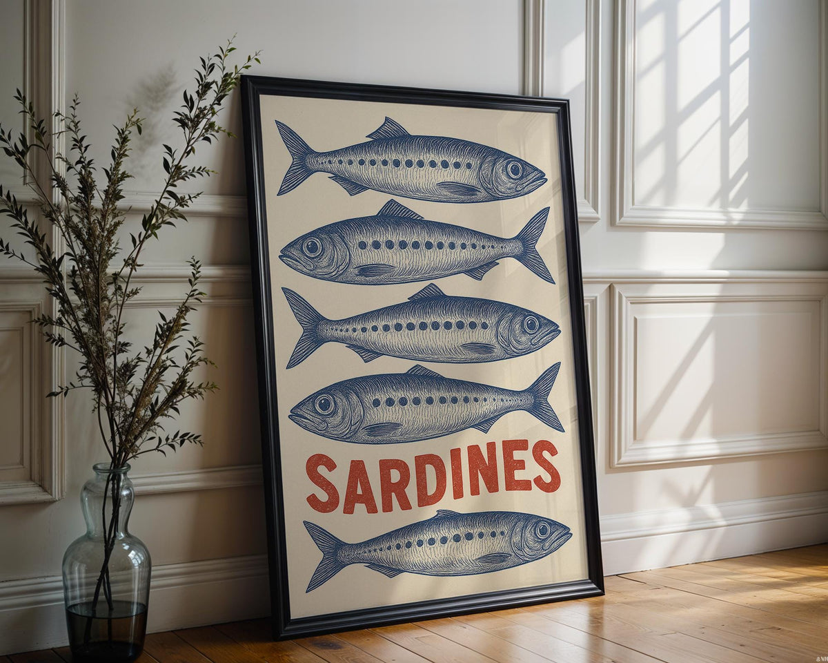 Sardines Vintage Wall Art – Retro Seafood Poster, Blue Ink Kitchen Decor for Chefs, Foodies, or Nautical Coastal Style Homes and Cafés - Just Great Posters