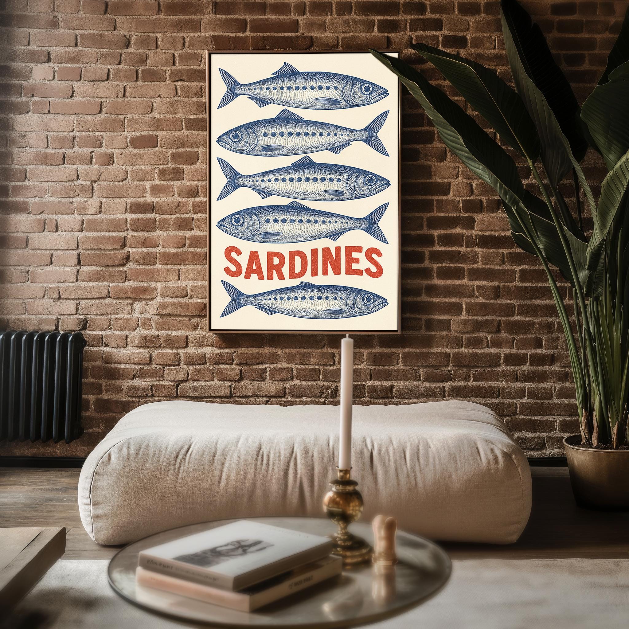 Sardines Vintage Wall Art – Retro Seafood Poster, Blue Ink Kitchen Decor for Chefs, Foodies, or Nautical Coastal Style Homes and Cafés - Just Great Posters