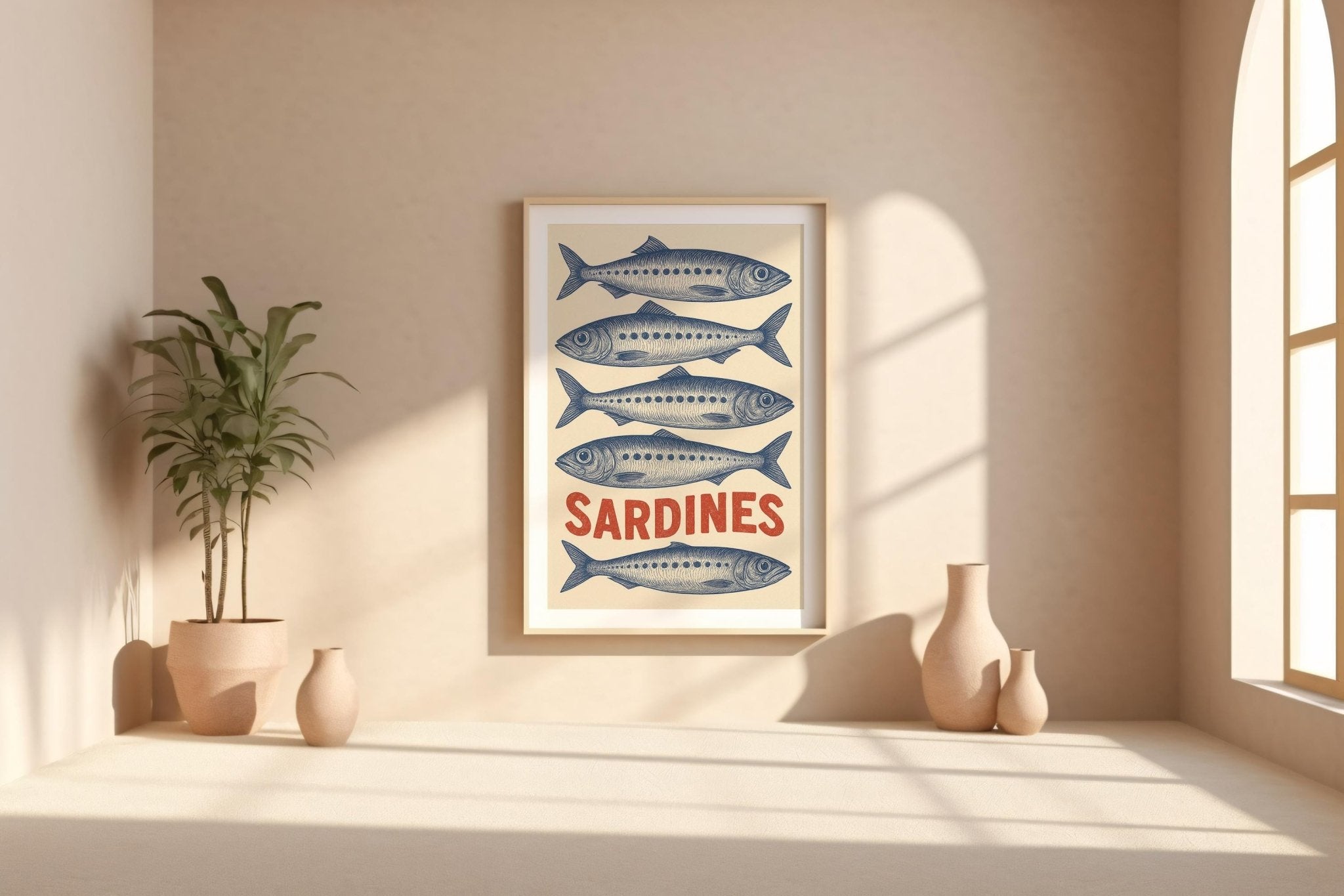 Sardines Vintage Wall Art – Retro Seafood Poster, Blue Ink Kitchen Decor for Chefs, Foodies, or Nautical Coastal Style Homes and Cafés - Just Great Posters