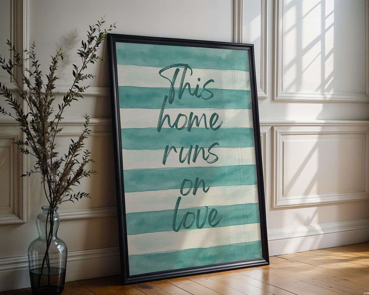 This Home Runs on Love Poster – Soft Pastel Striped Typography Print, Minimalist Cozy Wall Art for Family Room, Nursery or Entryway Decor - Just Great Posters