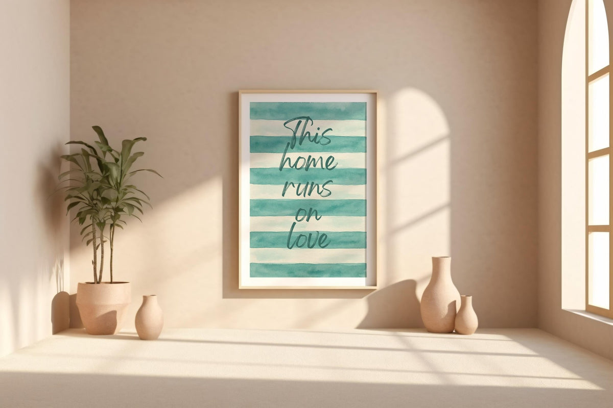 This Home Runs on Love Poster – Soft Pastel Striped Typography Print, Minimalist Cozy Wall Art for Family Room, Nursery or Entryway Decor - Just Great Posters