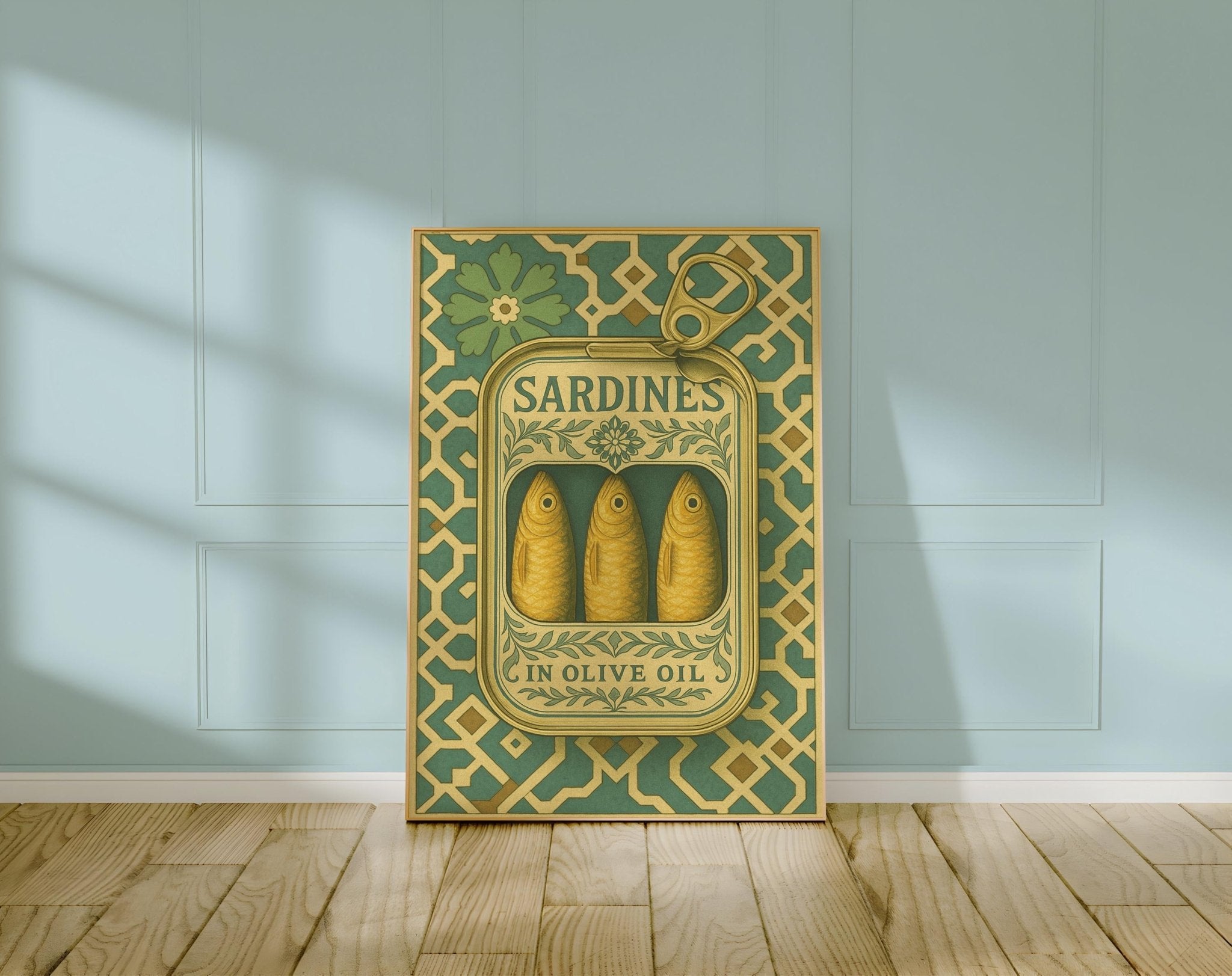 Sardine Tin Poster – Ornate Vintage Food Packaging Wall Art, Bold Kitchen Decor for Mediterranean Homes, Foodies or Cooks - Just Great Posters