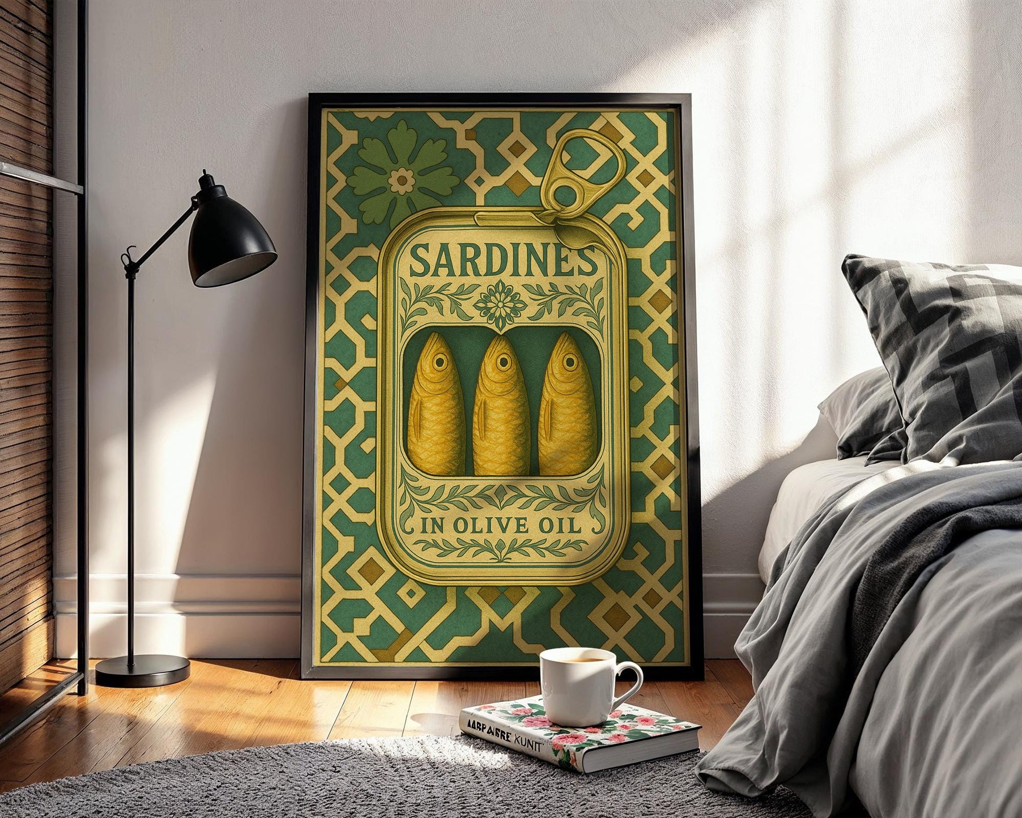 Sardine Tin Poster – Ornate Vintage Food Packaging Wall Art, Bold Kitchen Decor for Mediterranean Homes, Foodies or Cooks - Just Great Posters