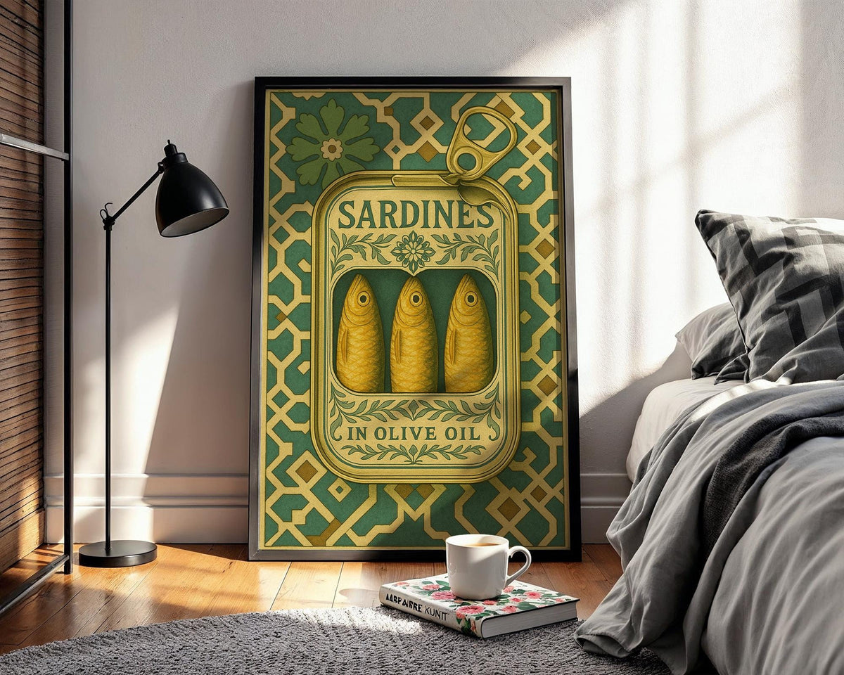 Sardine Tin Poster – Ornate Vintage Food Packaging Wall Art, Bold Kitchen Decor for Mediterranean Homes, Foodies or Cooks - Just Great Posters