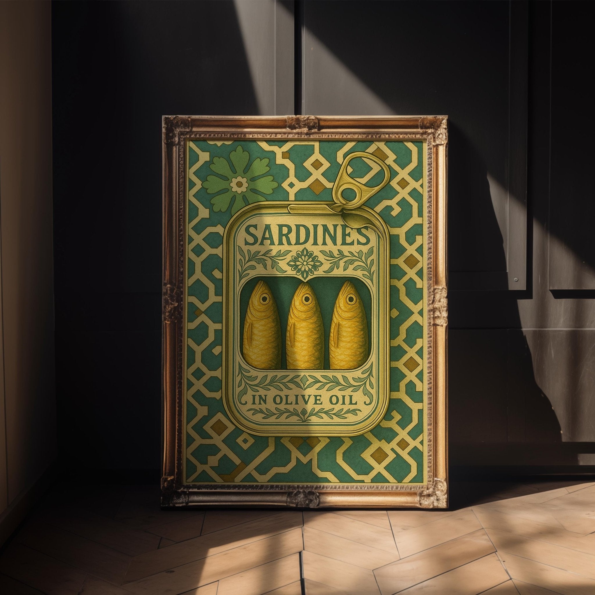 Sardine Tin Poster – Ornate Vintage Food Packaging Wall Art, Bold Kitchen Decor for Mediterranean Homes, Foodies or Cooks - Just Great Posters