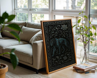 Dark Panther Wall Art – Mystical Jungle Cat Print with Ornate Floral Frame, Moody Jungle Decor with Blue Tones and Gothic Elegance - Just Great Posters