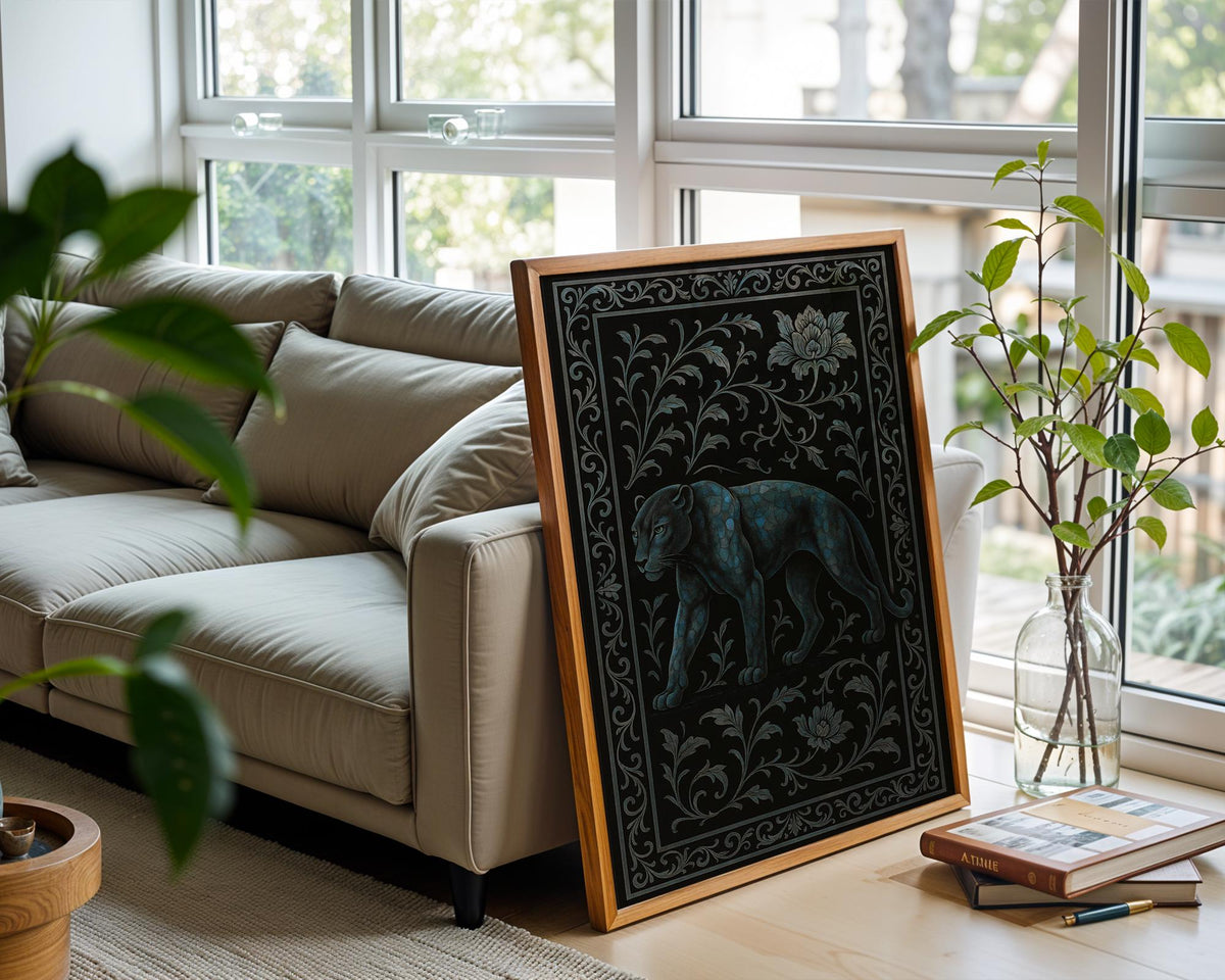 Dark Panther Wall Art – Mystical Jungle Cat Print with Ornate Floral Frame, Moody Jungle Decor with Blue Tones and Gothic Elegance - Just Great Posters