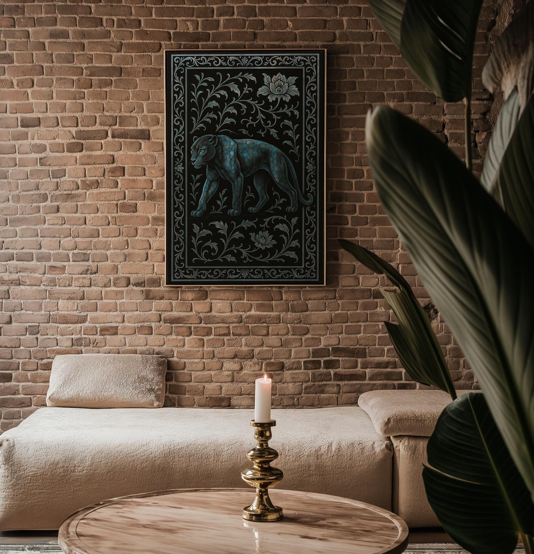 Dark Panther Wall Art – Mystical Jungle Cat Print with Ornate Floral Frame, Moody Jungle Decor with Blue Tones and Gothic Elegance - Just Great Posters
