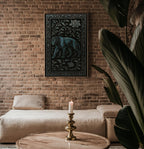 Dark Panther Wall Art – Mystical Jungle Cat Print with Ornate Floral Frame, Moody Jungle Decor with Blue Tones and Gothic Elegance - Just Great Posters