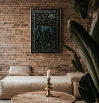Dark Panther Wall Art – Mystical Jungle Cat Print with Ornate Floral Frame, Moody Jungle Decor with Blue Tones and Gothic Elegance - Just Great Posters