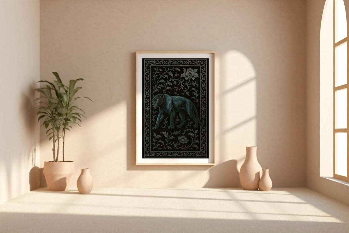 Dark Panther Wall Art – Mystical Jungle Cat Print with Ornate Floral Frame, Moody Jungle Decor with Blue Tones and Gothic Elegance - Just Great Posters