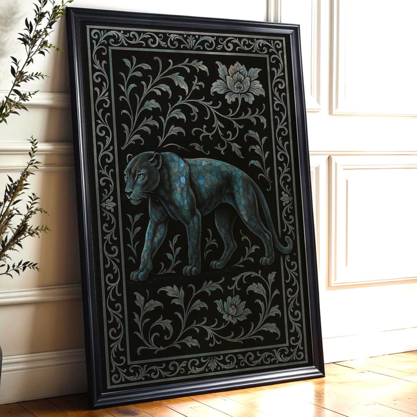 Dark Panther Wall Art – Mystical Jungle Cat Print with Ornate Floral Frame, Moody Jungle Decor with Blue Tones and Gothic Elegance - Just Great Posters