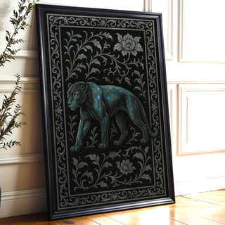 Dark Panther Wall Art – Mystical Jungle Cat Print with Ornate Floral Frame, Moody Jungle Decor with Blue Tones and Gothic Elegance - Just Great Posters