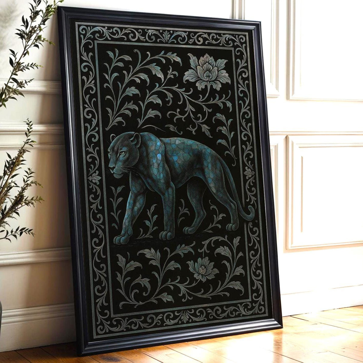 Dark Panther Wall Art – Mystical Jungle Cat Print with Ornate Floral Frame, Moody Jungle Decor with Blue Tones and Gothic Elegance - Just Great Posters