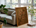Sakura Blossom Wall Art – Japanese Cherry Flower Print with Vintage Tones and Kanji Text, Serene Nature Poster in Soft Pink & Brown - Just Great Posters